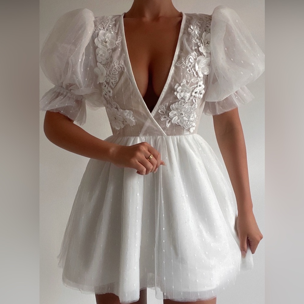 Showpo White Lace Applique Puff Sleeve Mini Dress